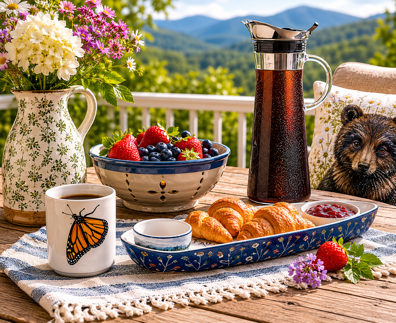 Summer morning deck breakfast scene with cold brew, berry bowl, croissants, and fresh flowers
