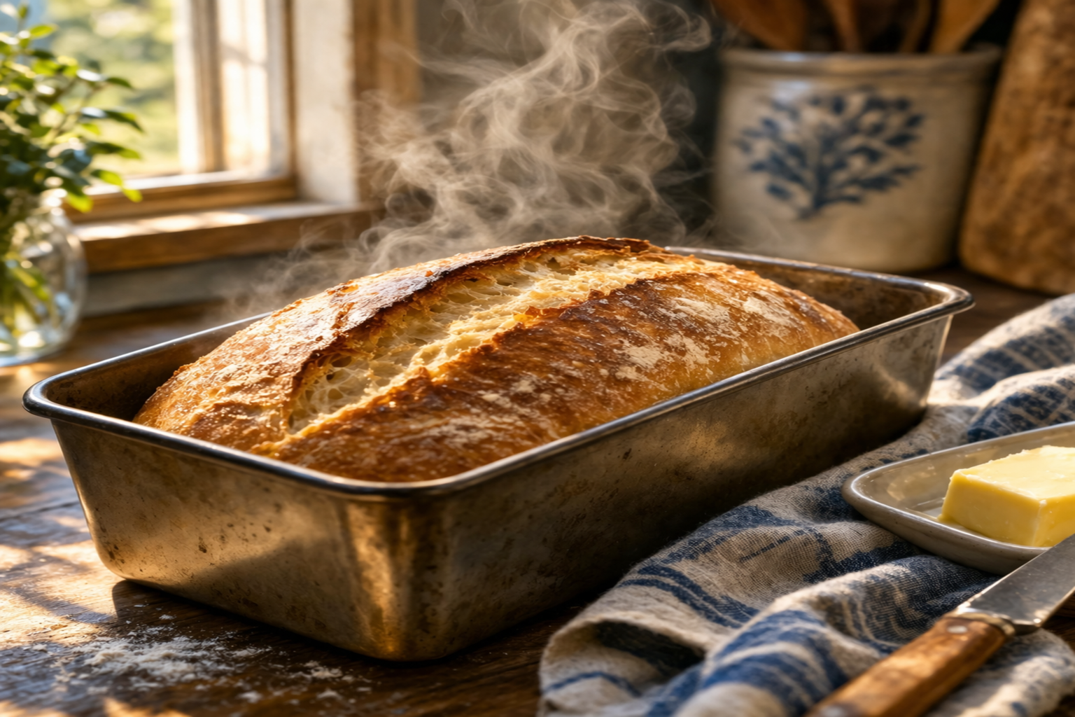 freshly baked sourdough bread loaf steaming in a pan on a rustic kitchen counter
