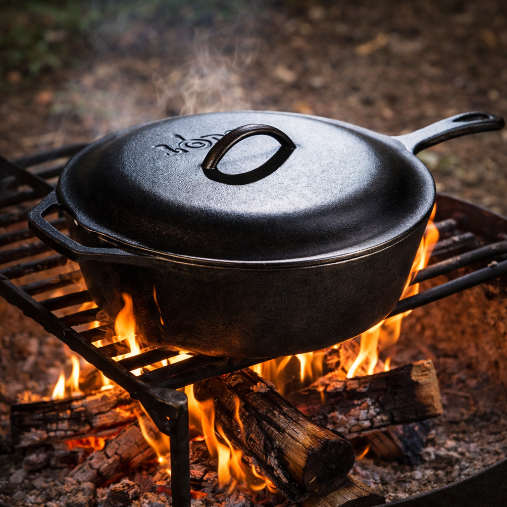 cast iron dutch oven over open campfire