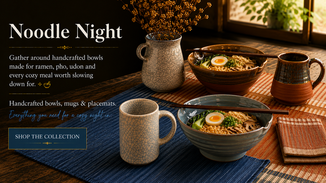 Noodle night placemats with bowls terra cotta and blue with terra cotts mug and blue crackle mug on a table setting