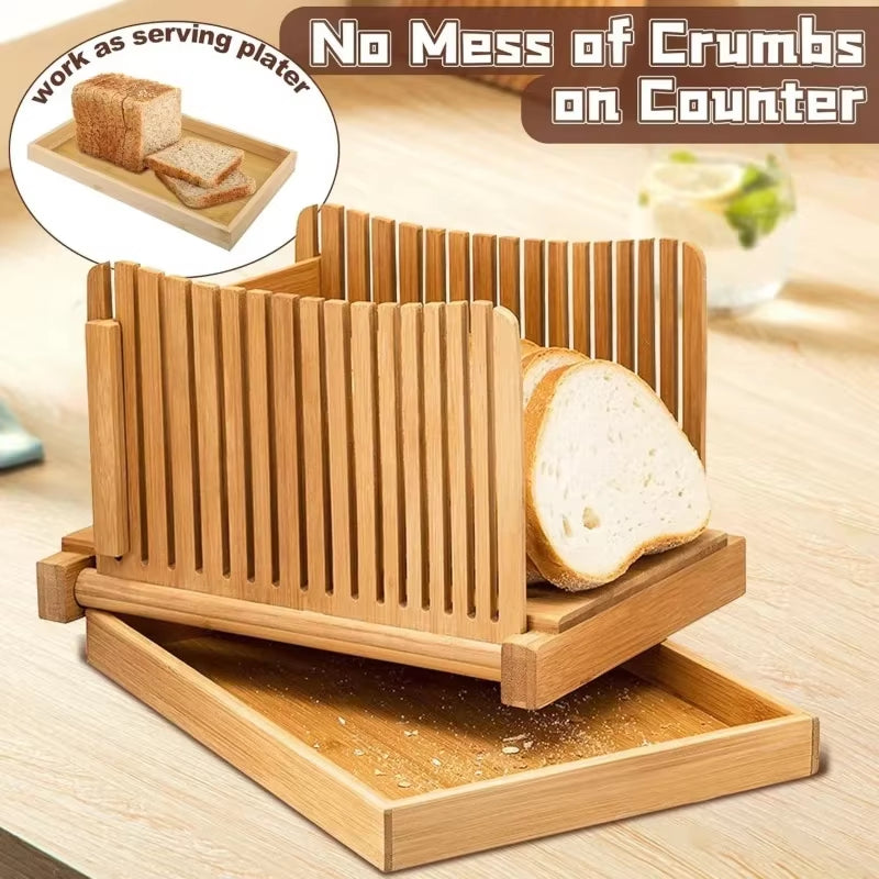 New Bamboo Bread Slicer Cutting Bread and Toast Slicer Adjustable Thickness with Tray for Holding Breadcrumbs Baking Supplies