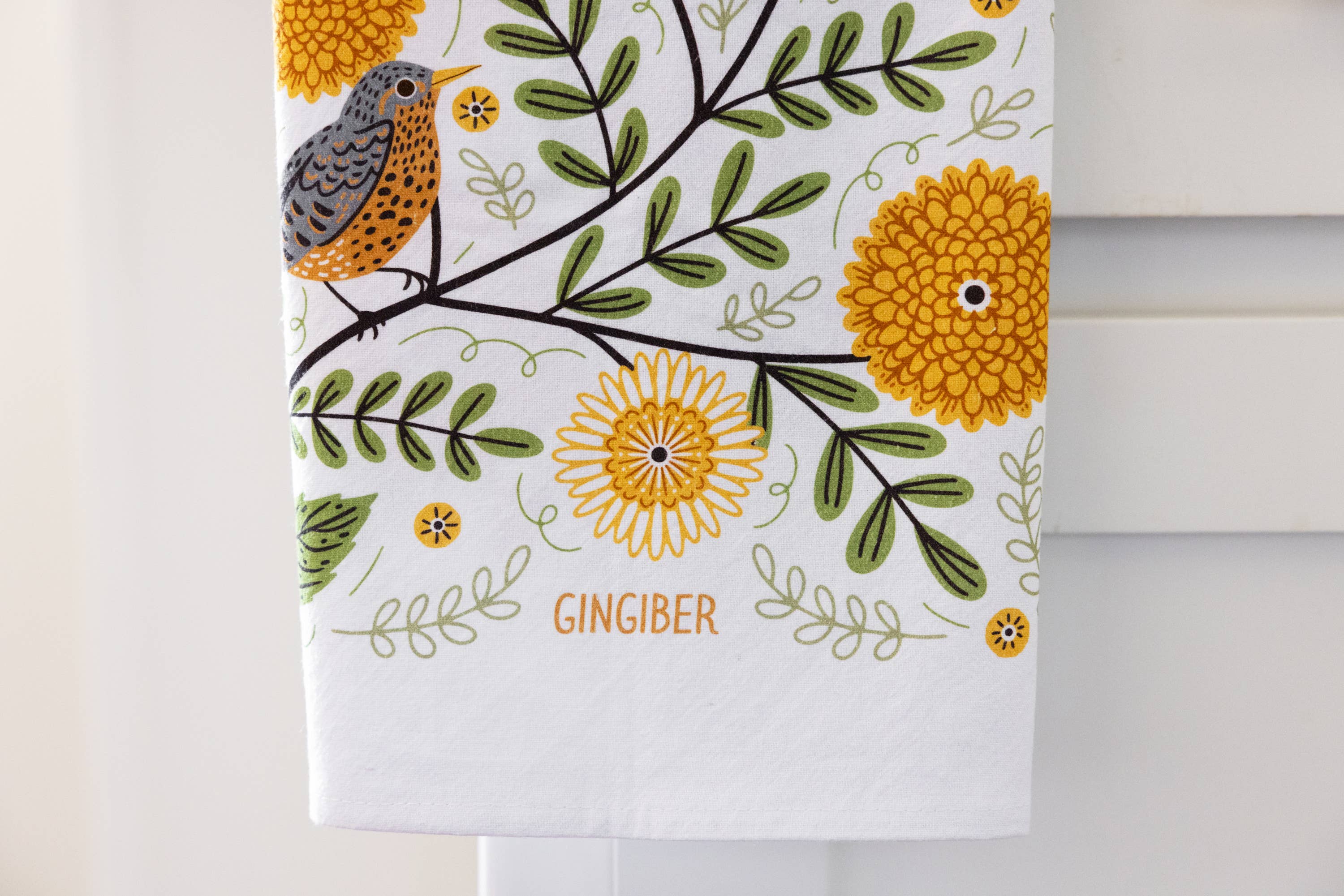 Gingiber Mums & Robins Tea Towel | Artisan-Illustrated Cotton Kitchen Towel