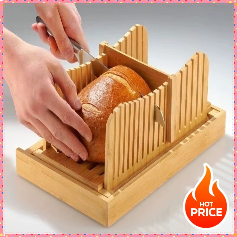 New Bamboo Bread Slicer Cutting Bread and Toast Slicer Adjustable Thickness with Tray for Holding Breadcrumbs Baking Supplies