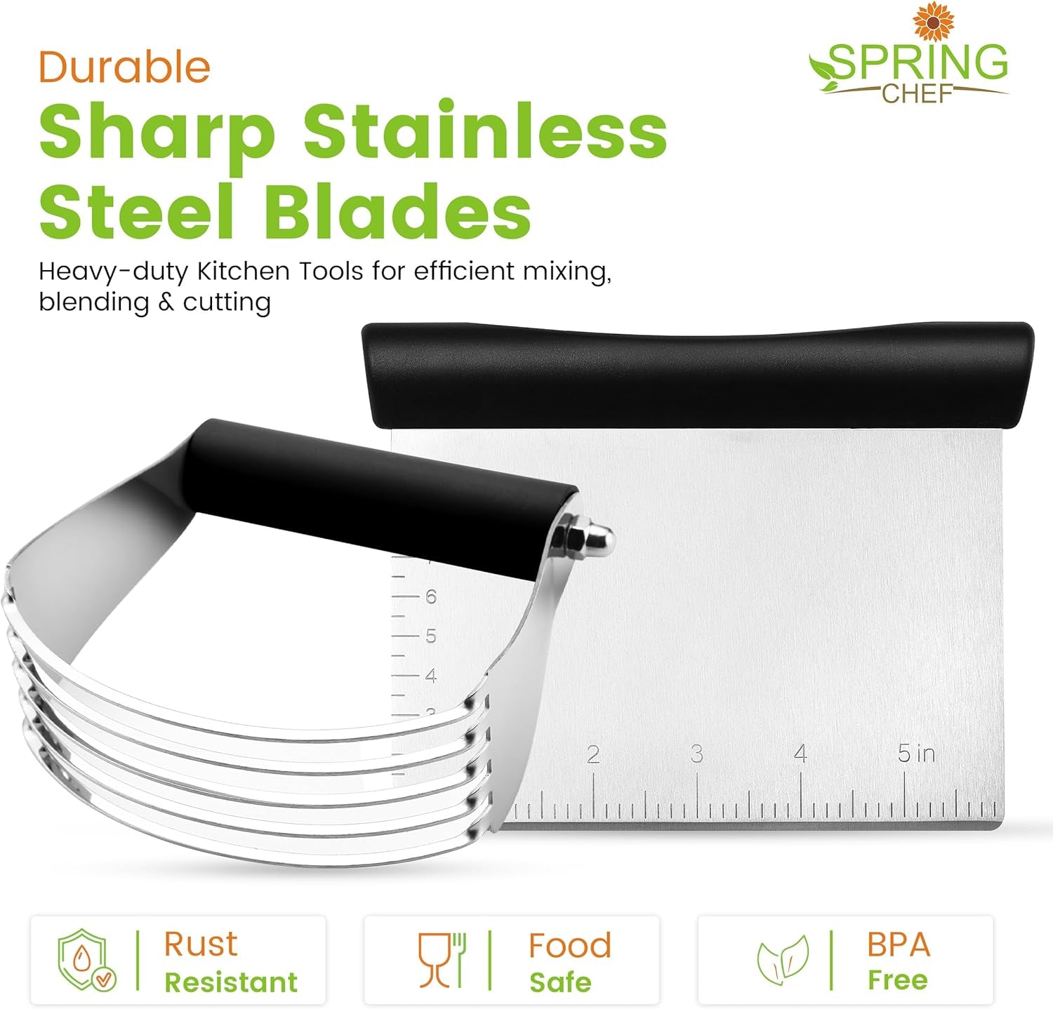 Dough Blender & Pastry Cutter Tool, Stainless Steel Pastry Blender & Bench Scraper for Pizza, Nut, Pie - Multipurpose Dough Cutter & Scraper Tool for Baking with Soft Grip Handles - Black