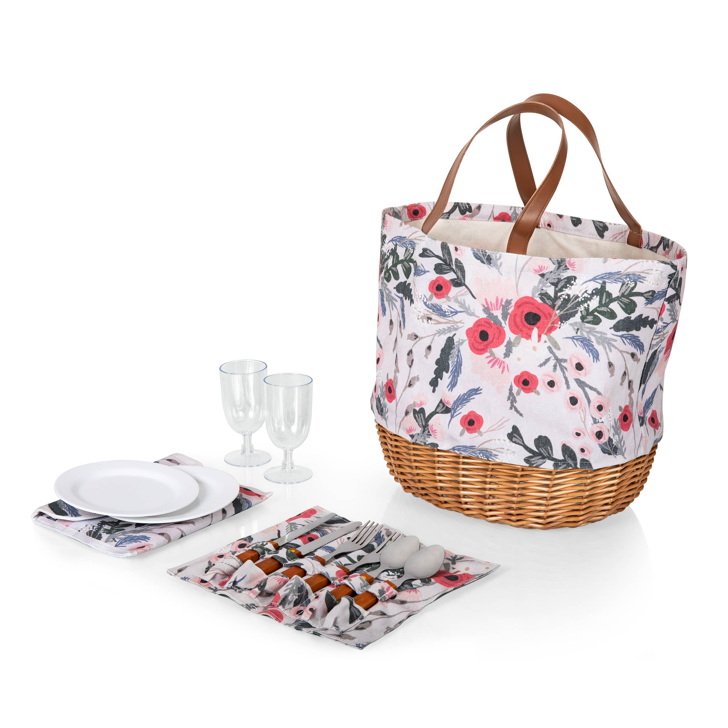 Picnic Time Promenade Picnic Tote for Two | Woven Willow Basket with Wine Glasses & Tableware