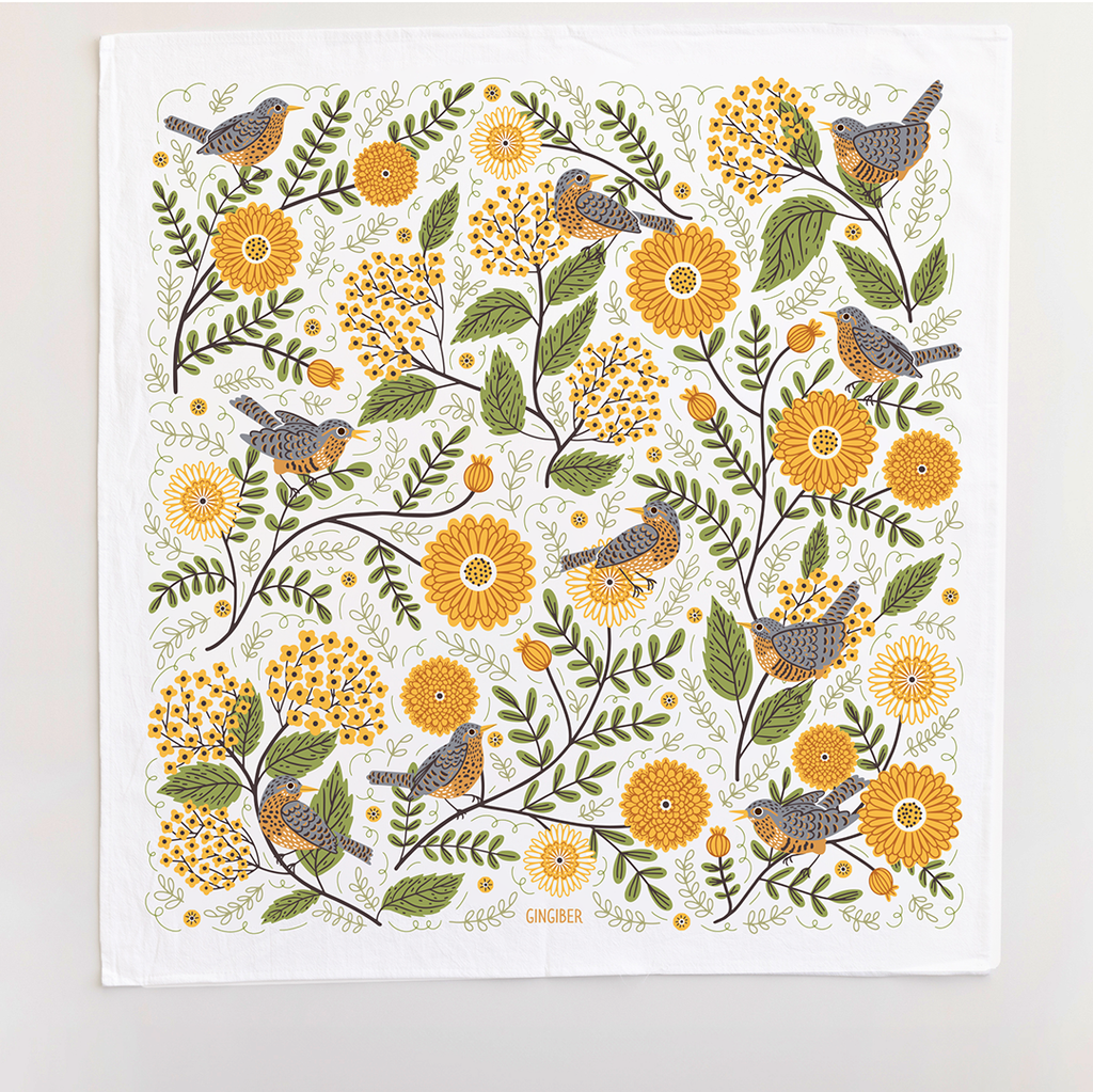 Gingiber Mums & Robins Tea Towel | Artisan-Illustrated Cotton Kitchen Towel