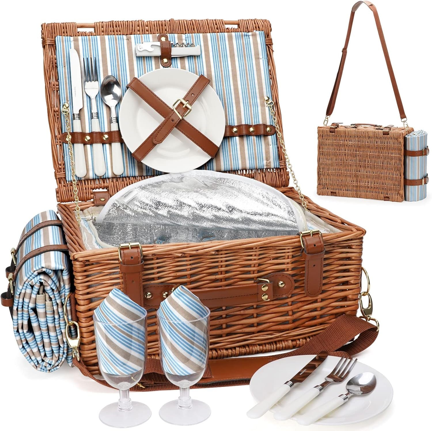 Picnic Basket Set for 2 Persons, Willow Hamper with Large Insulated Cooler Compartment, Waterproof Blanket and Cutlery Service Kit-Classical Brown