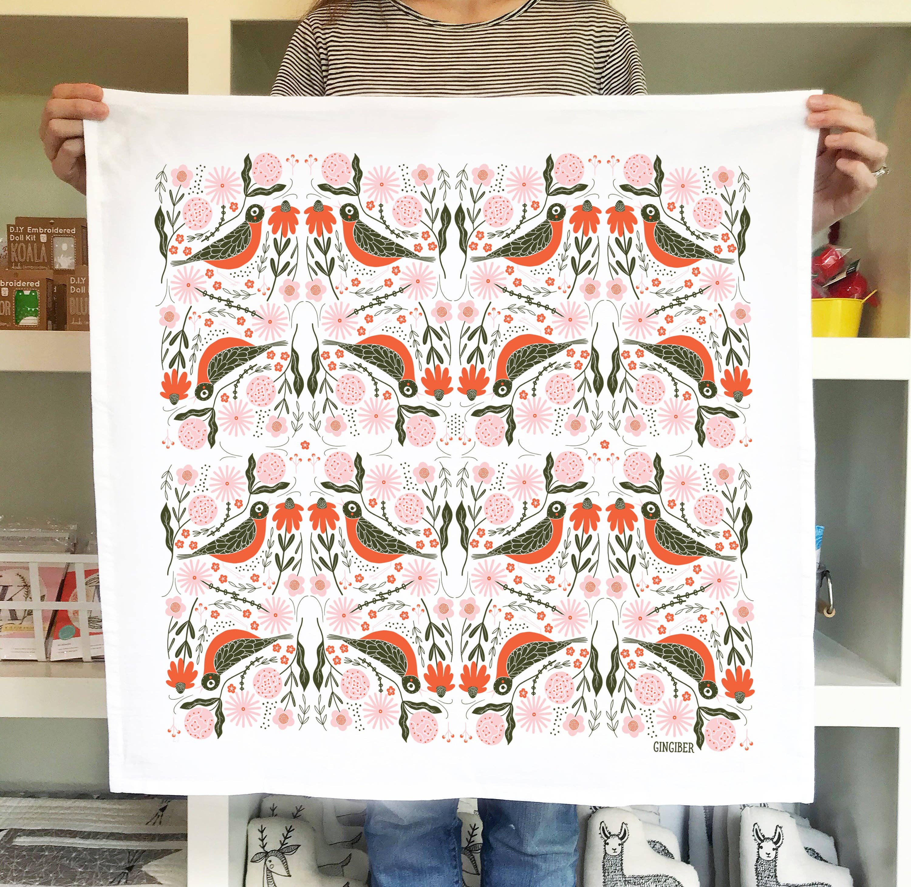 Gingiber Robin Bird Tea Towel | Artisan-Illustrated Cotton Kitchen Towel