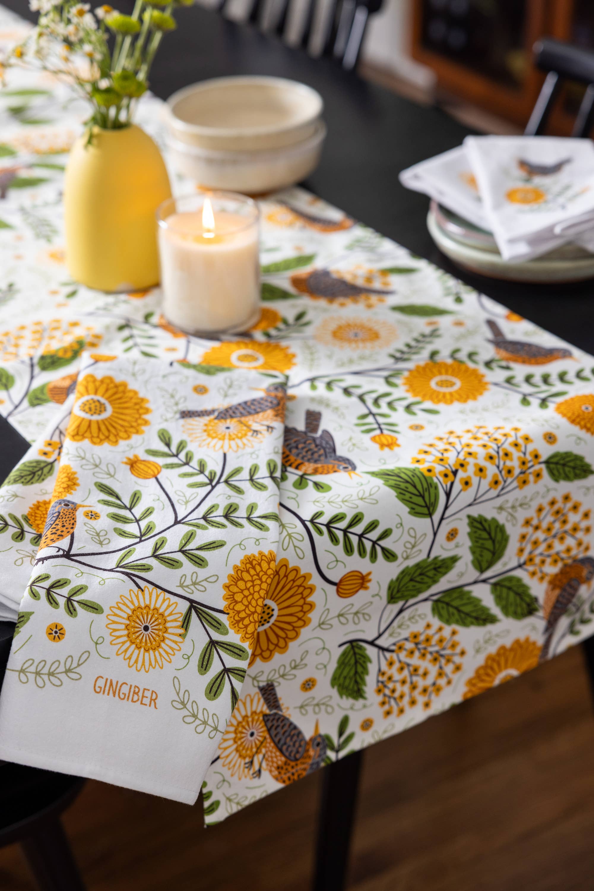 Gingiber Mums & Robins Table Runner | Artisan-Illustrated Cotton Table Decor