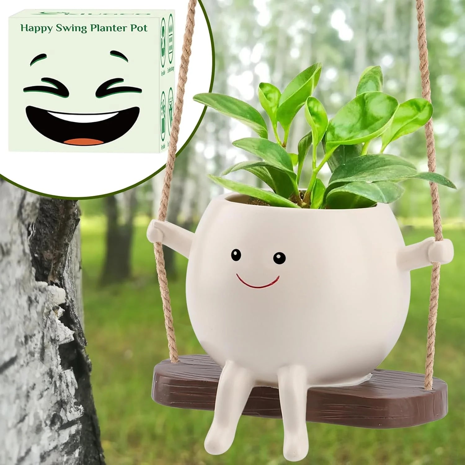 Glossy Swing Smiley Face Planter Pot Head, Small Hanging Planter for Indoor Outdoor Plants, Cute Hanging Flower Pot for String of Pearls Plant Live, Birthday Gifts