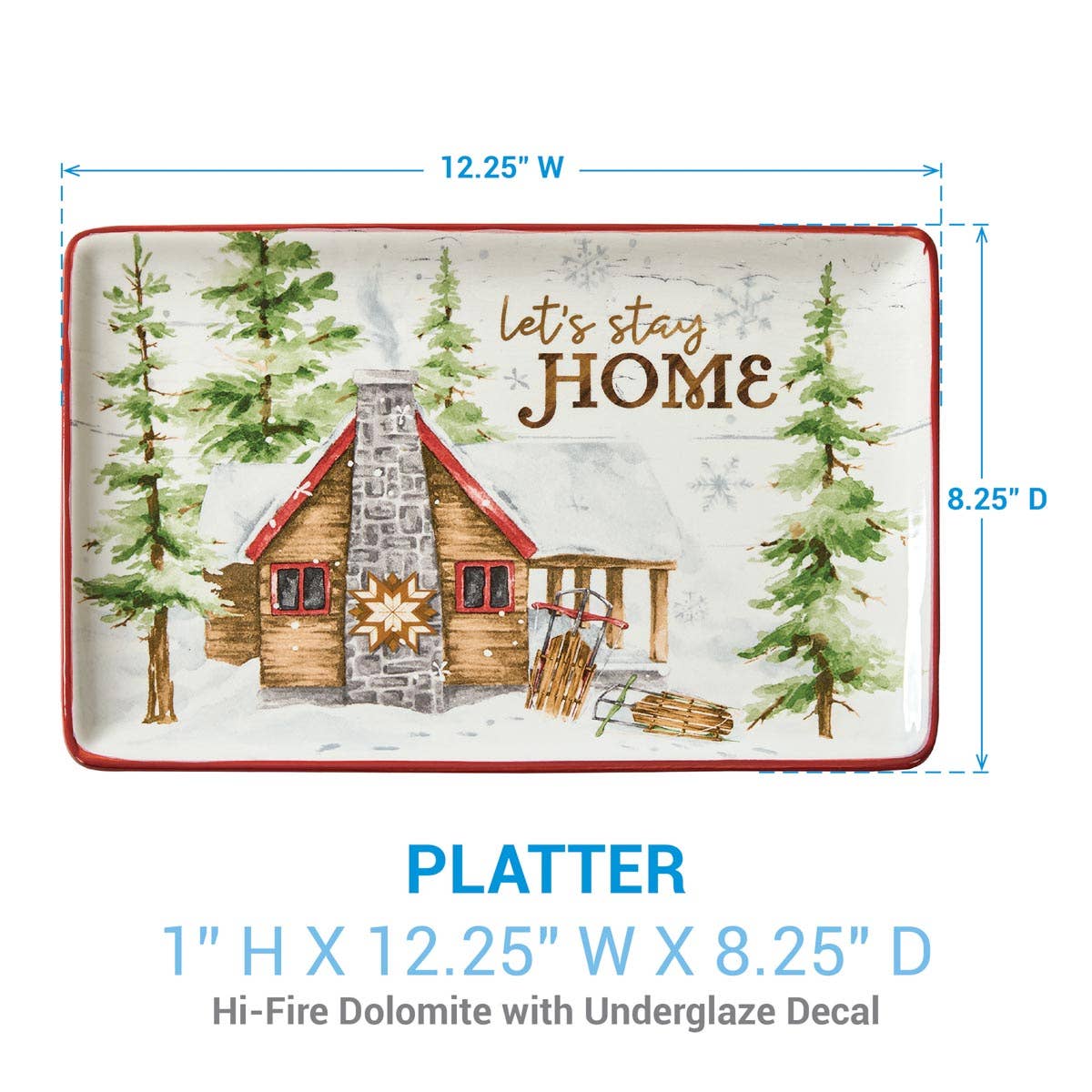 Park Designs Snowflake Lodge platter dimensions diagram — 12.25 inches wide by 8.25 inches deep, hi-fire dolomite with underglaze decal"