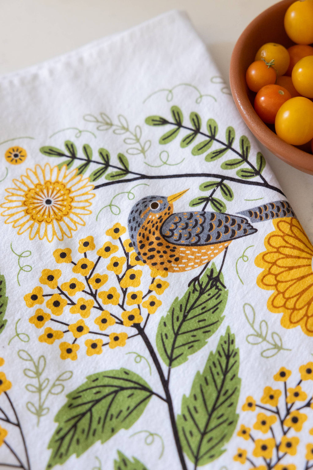 Gingiber Mums & Robins Tea Towel | Artisan-Illustrated Cotton Kitchen Towel