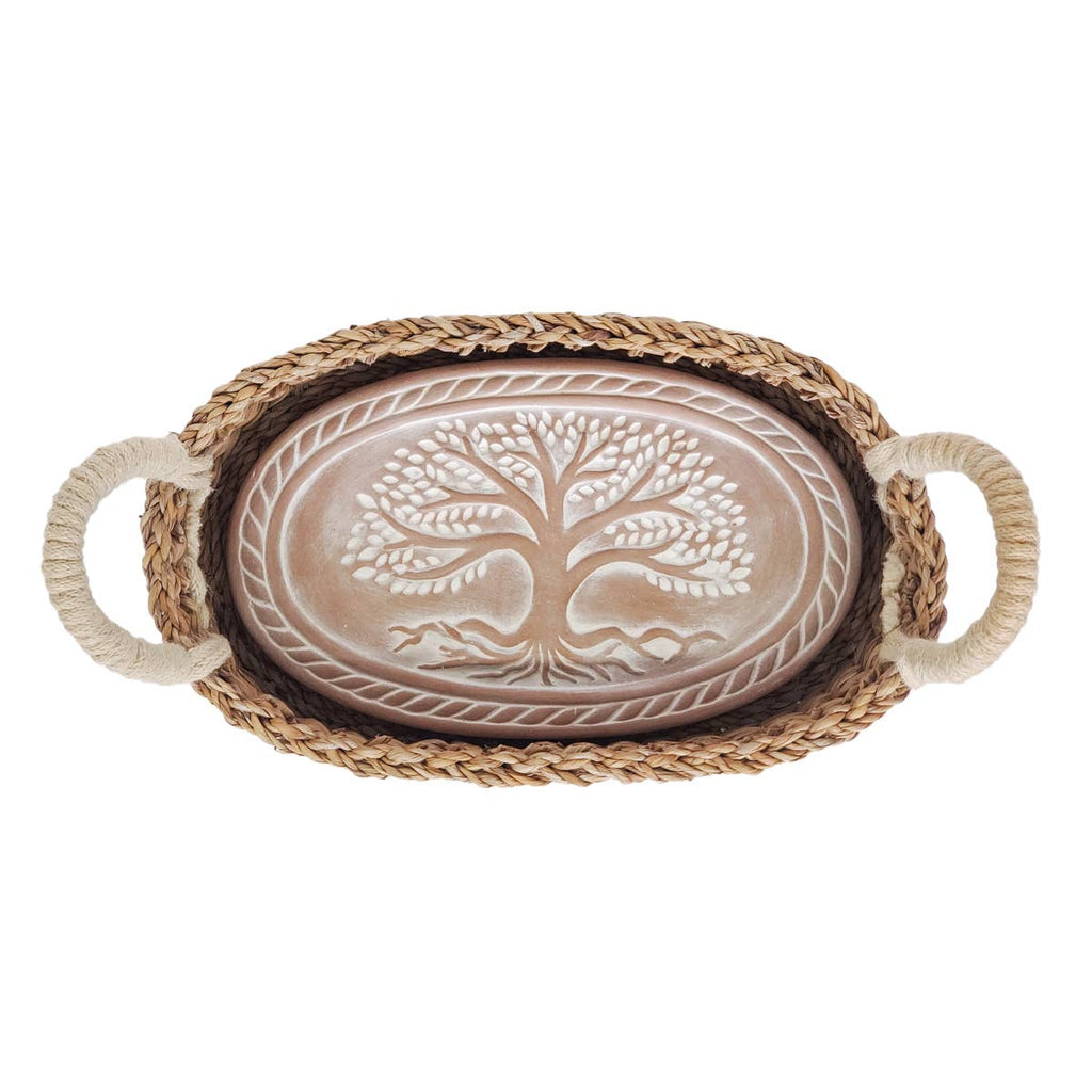 Tree of Life Oval Bread Warmer Set, Handcrafted Terracotta & Seagrass Basket