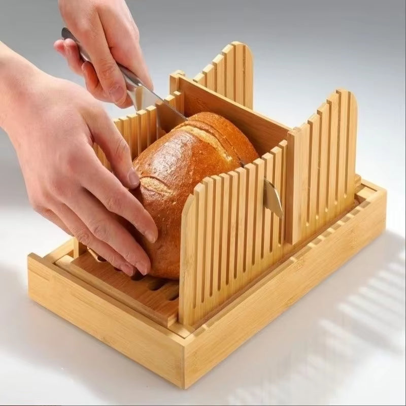 New Bamboo Bread Slicer Cutting Bread and Toast Slicer Adjustable Thickness with Tray for Holding Breadcrumbs Baking Supplies