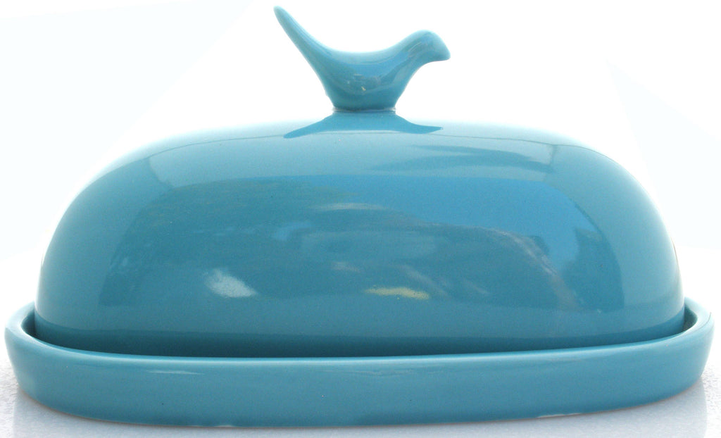 Teal Porcelain Butter Dish with Hummingbird Detail