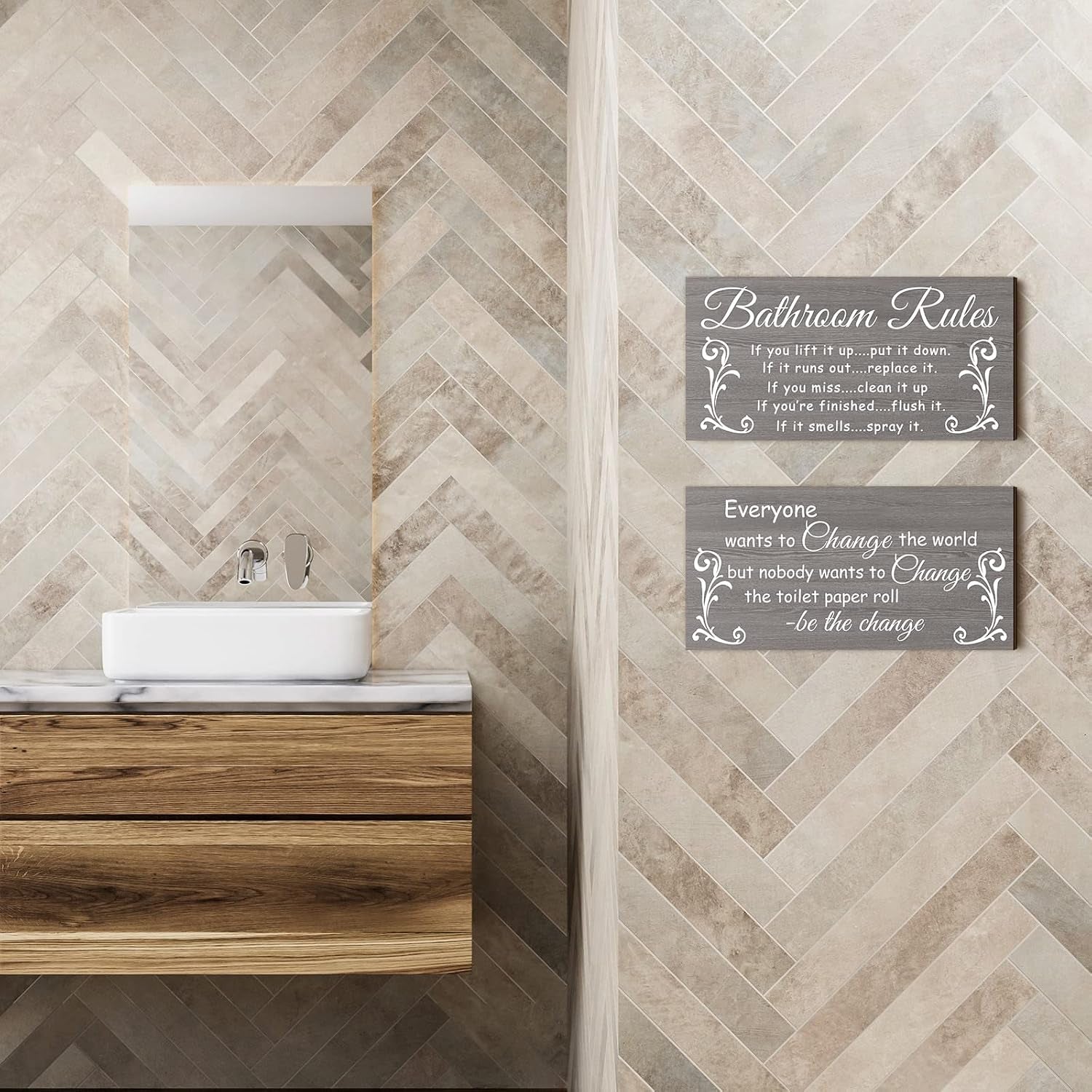 2 Pieces Funny Bathroom Signs Bathroom Wall Decor Toilet Wall Accessories Farmhouse Toilet Rustic Wooden Signs(Elegant Style)