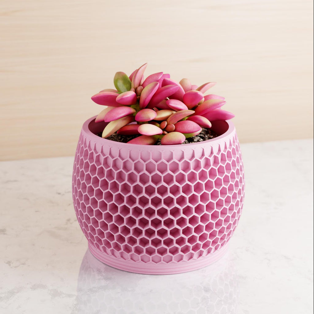 Wood Honeycomb Planter, Unique 3D Printed Plant Pot with Drainage & Saucer for Houseplants, 9 Color Options, Small to Large, 4 5 6 7 8 Inch