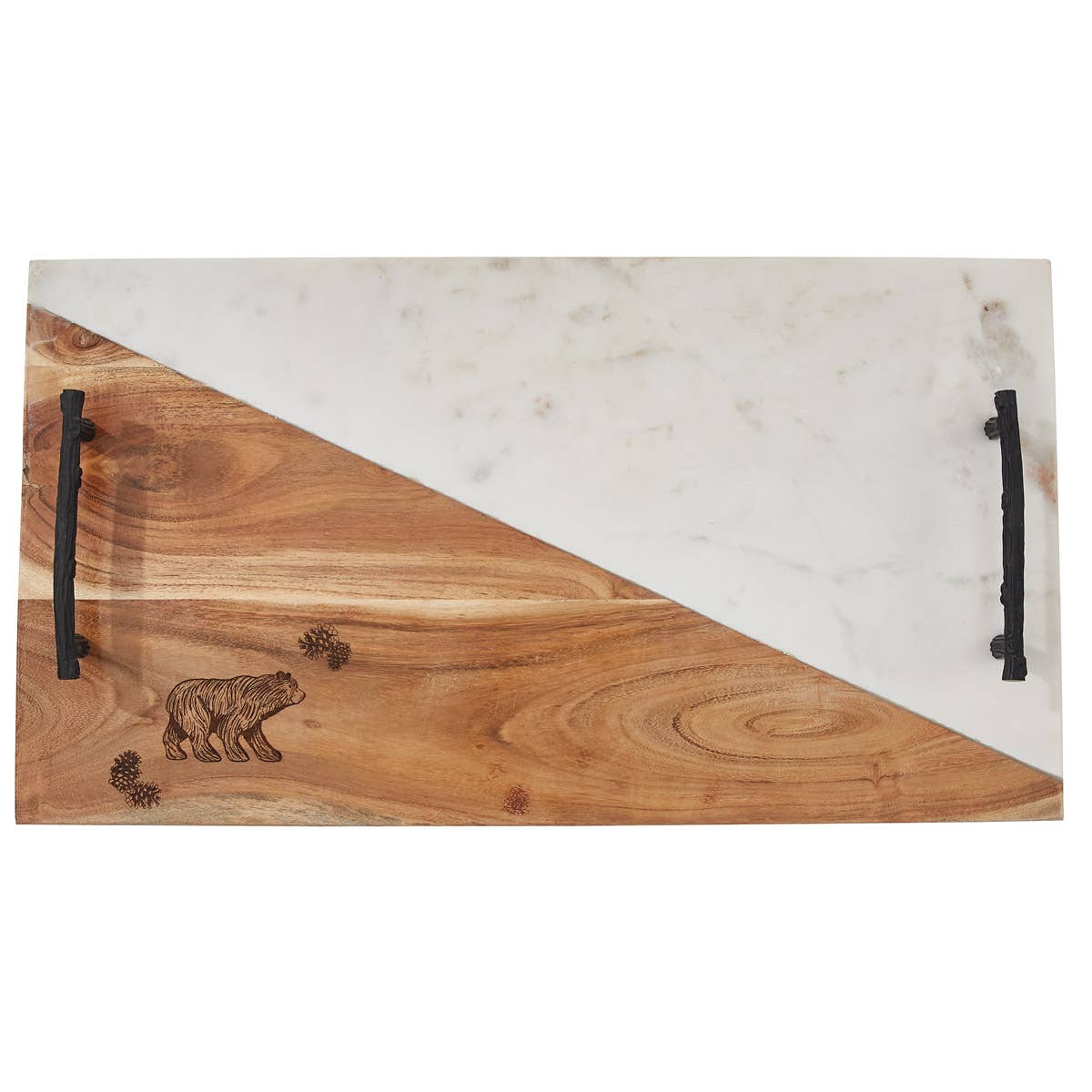 Park Designs Rustic Bear mango wood and marble charcuterie tray with wood-burned bear and pinecone design and black twig handles, product view"