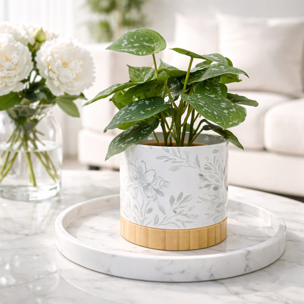Petal & Print Ceramic Planter with Bamboo Tray 2 Designs MADE IN USA