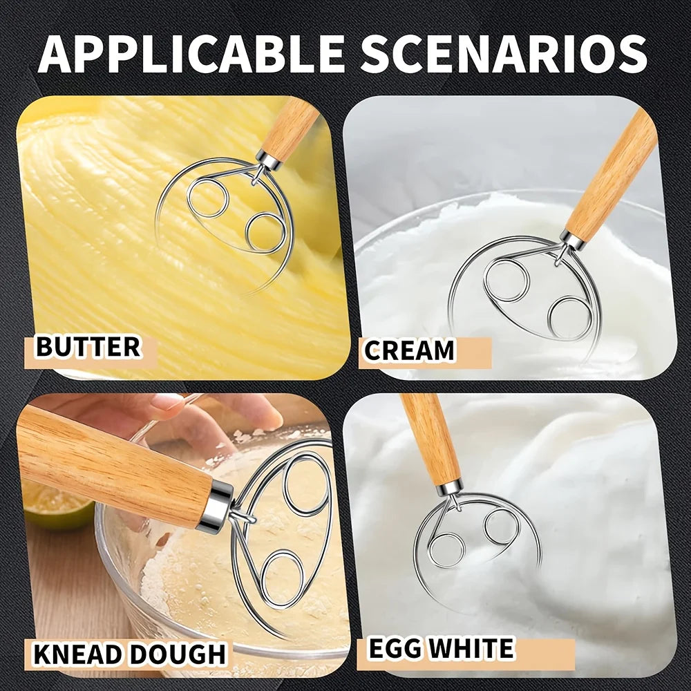 Danish Dough Whisk Stainless Steel Dough Hook Dutch Whisk for Sourdough Bread Dough Mixer Hand Wooden Handle Kitchen Whisking Mixing Tool Bread Making Tools and Supplies