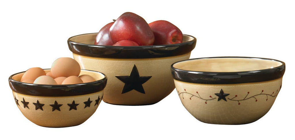 Park Designs Star Vine hand-painted dolomite mixing bowl set of 3 in cream and black, shown with apples and eggs, product view"