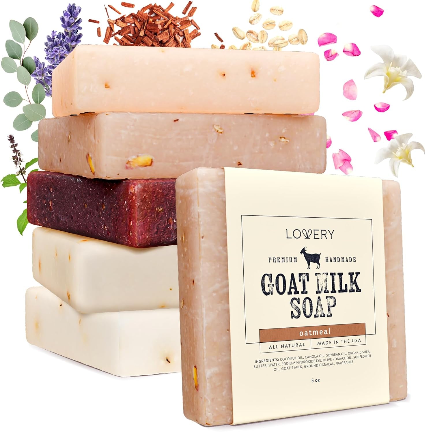 Christmas Gifts for Mom, Goat Milk Soap with Organic Shea Butter - Goats Milk Soap Bars - Oatmeal, Eucalyptus Lavender, Moroccan Vanilla, Hydrangea Rose, Patchouli Sandalwood, Natural Soap Bar, 5 Pack