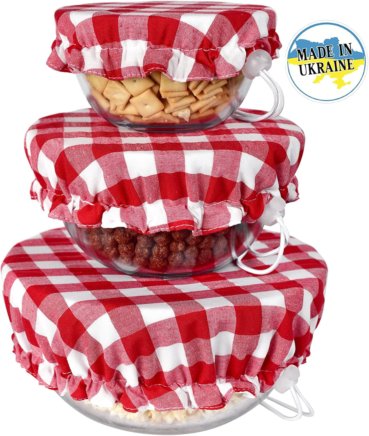 Handmade Reusable Cotton Fabric Bowl Covers - Two Layers of Fabric (Set of 3, Red Plaid-2)