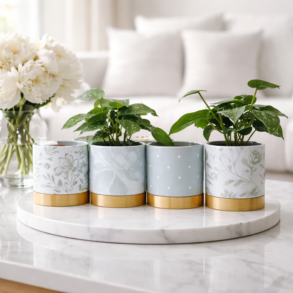Petal & Print Ceramic Planter with Bamboo Tray 2 Designs MADE IN USA