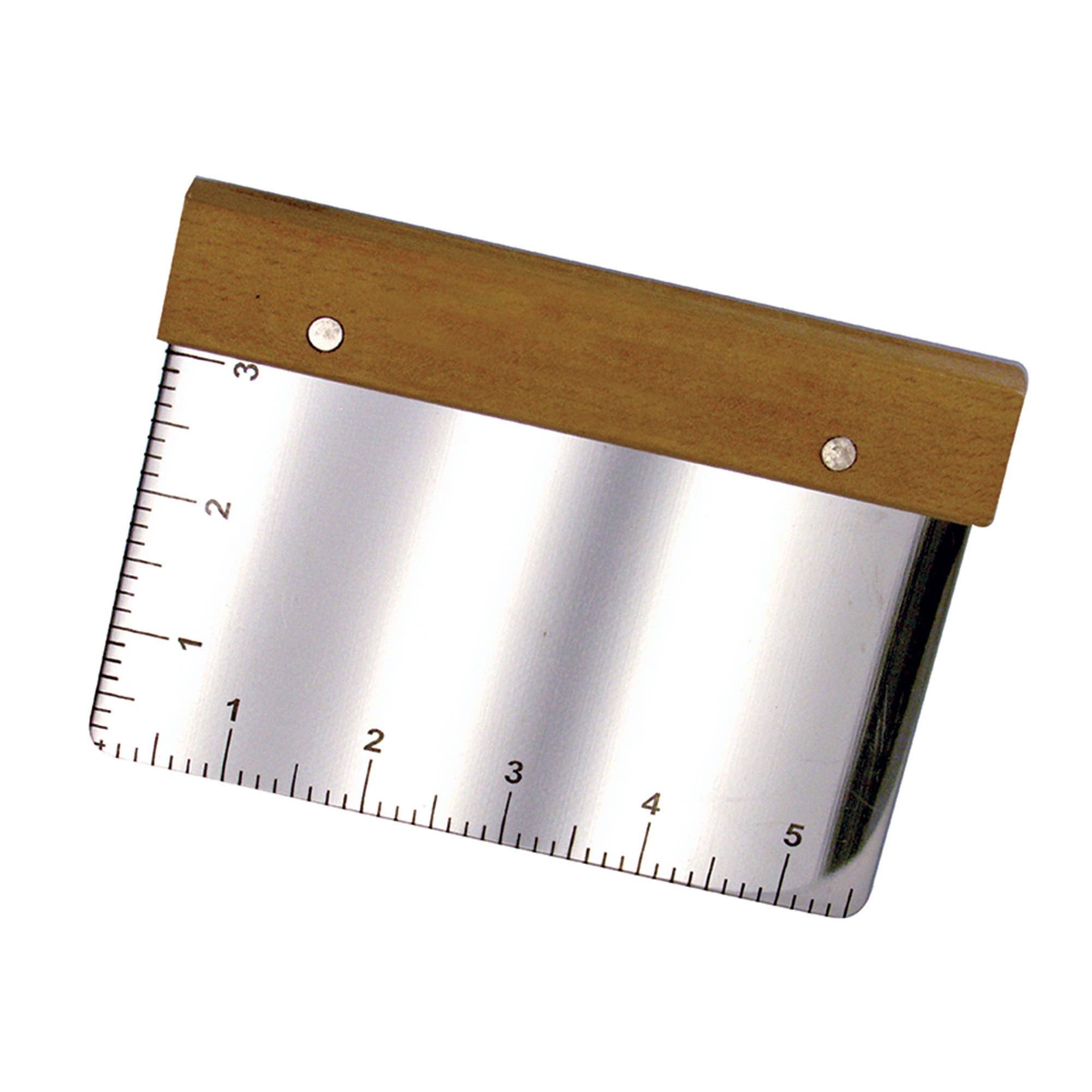 Close-up of stainless steel dough scraper blade with beechwood handle showing measurement markings along both edges, on white background