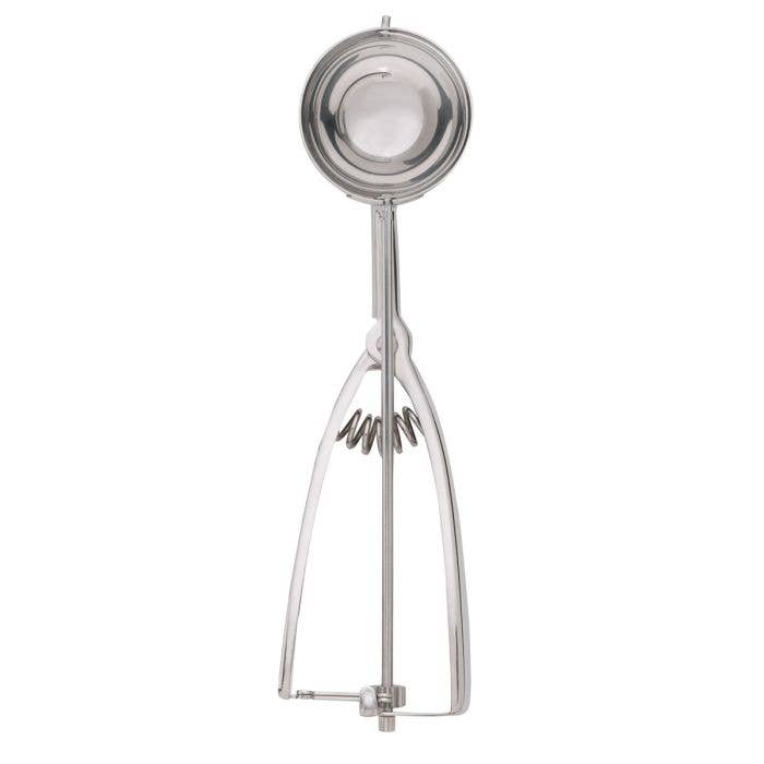 Mrs. Anderson's Baking No. 40 stainless steel cookie scoop with spring-action handle and coil spring mechanism, displayed on a white background.