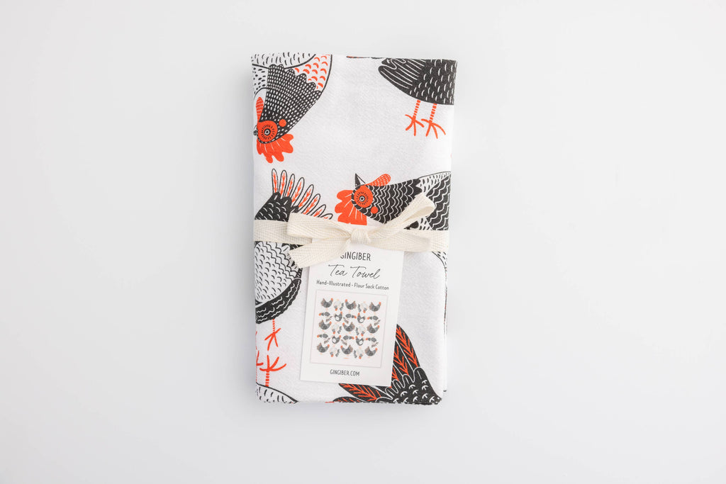 Gingiber Farmhouse Chicken Tea Towel | Artisan-Illustrated Cotton Kitchen Towel
