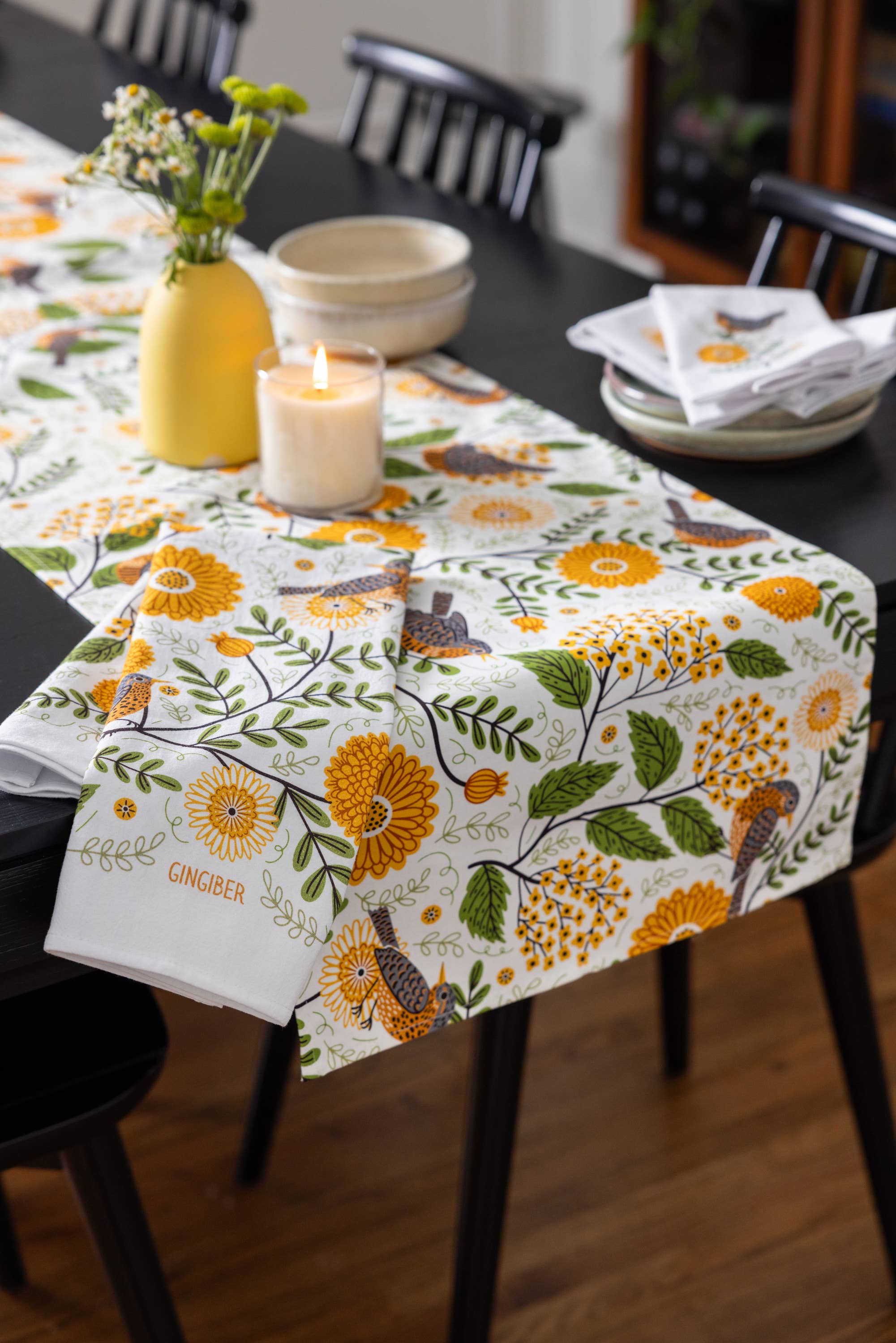 Gingiber Mums & Robins Table Runner | Artisan-Illustrated Cotton Table Decor