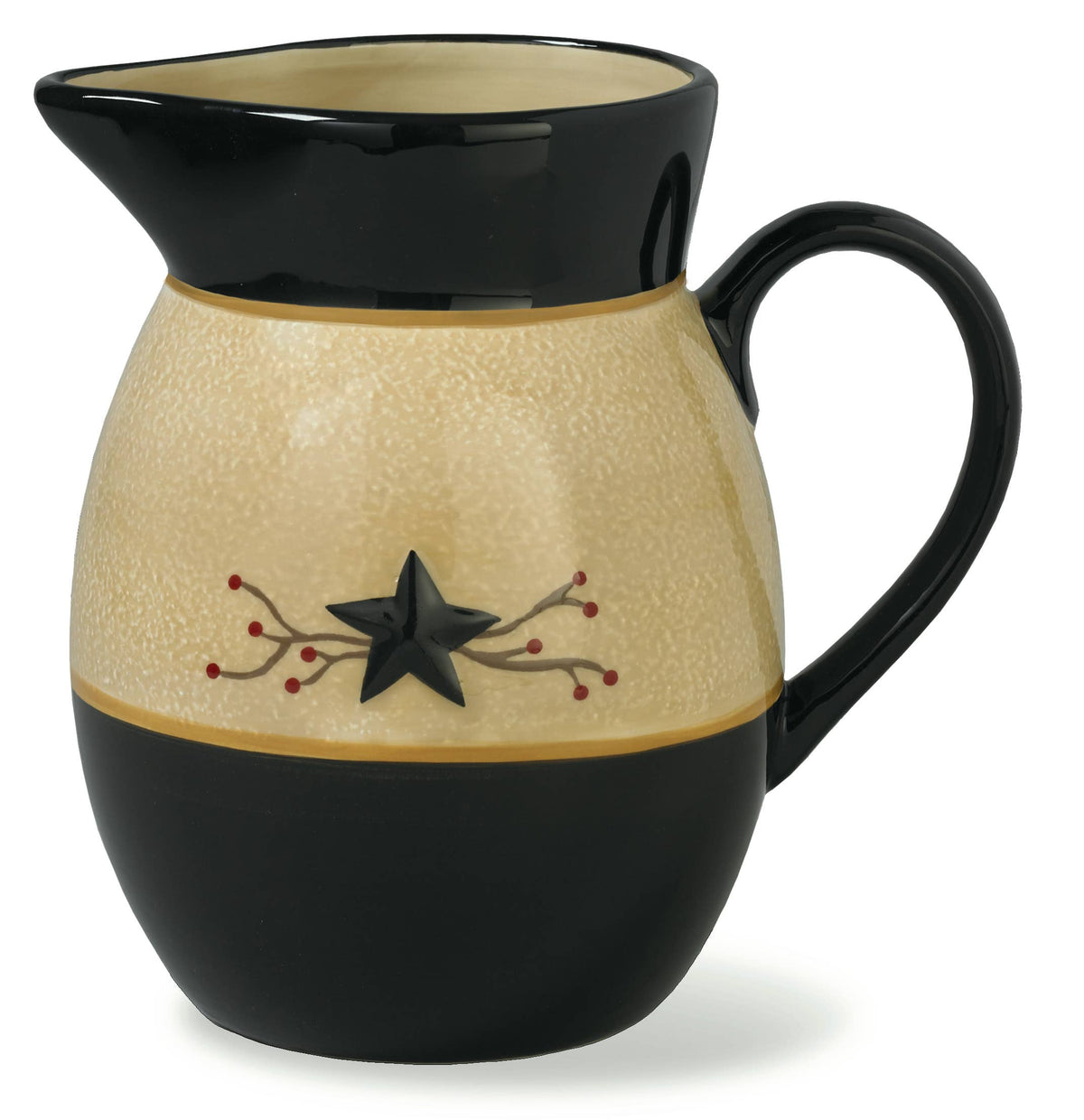 Park Designs Star Vine hand-painted dolomite pitcher with embossed black star and berry vine detail on cream and black glaze, product view"