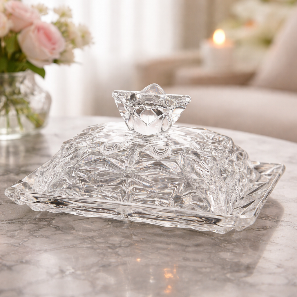 Crystal-Cut Glass Butter Dish with Cover