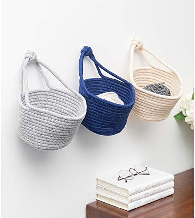 Personality Cotton Woven Fold Snacks Debris Sorting Storage Basket Hang Rope Woven Home Decor for Kids Room Decorative Perfect for Storing Small Household Items (Beige)