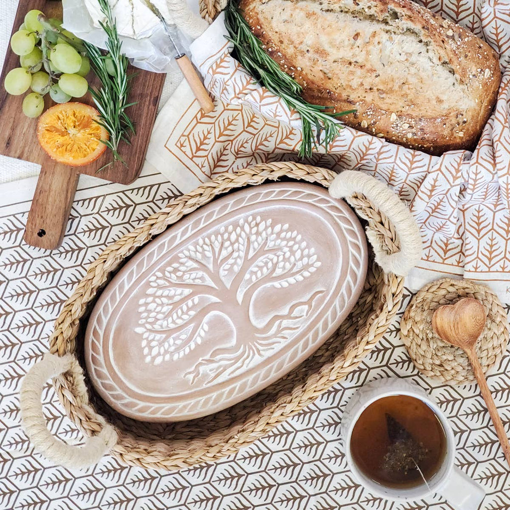 Tree of Life Oval Bread Warmer Set, Handcrafted Terracotta & Seagrass Basket