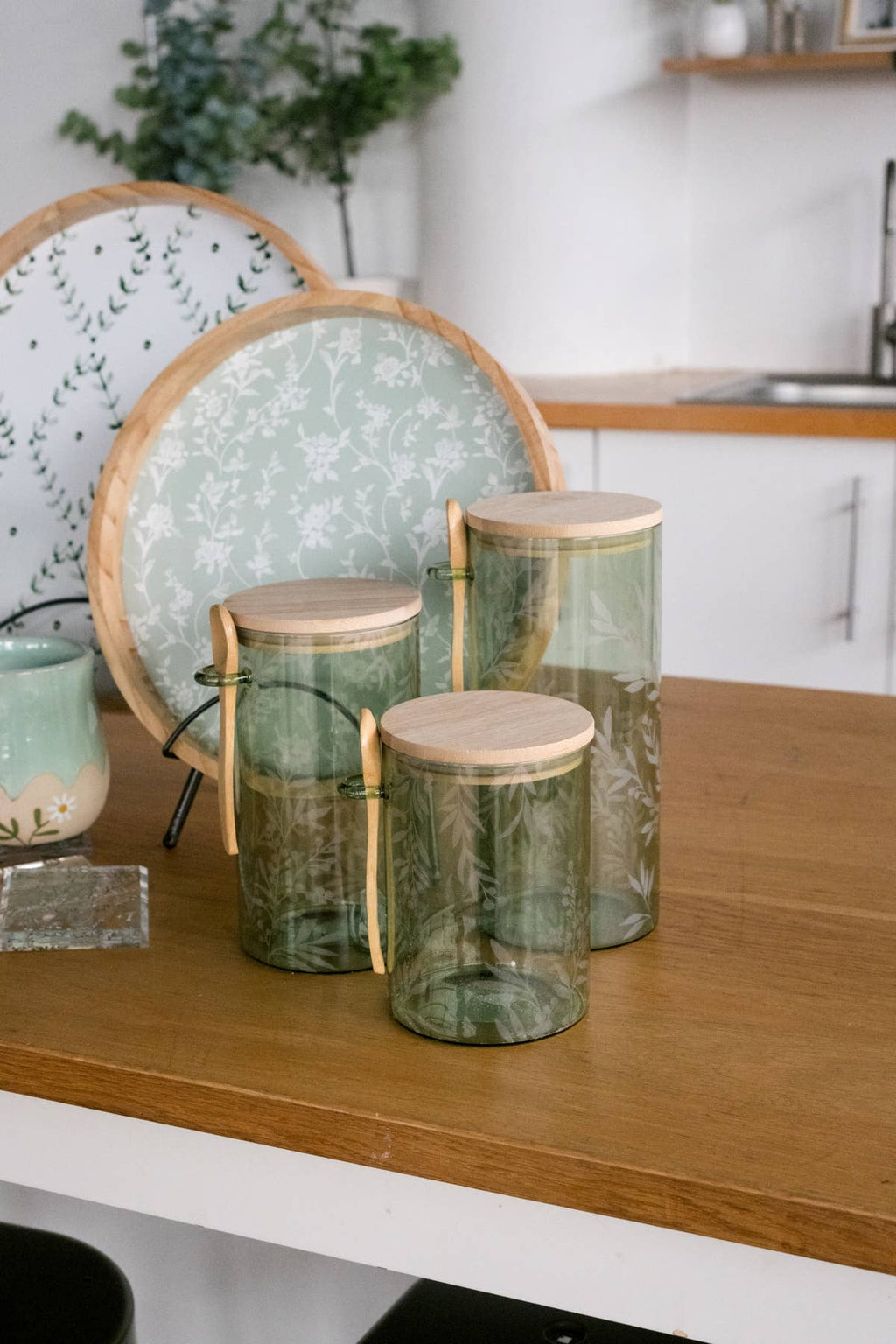 Cottage Bloom Green Glass Canisters S/3