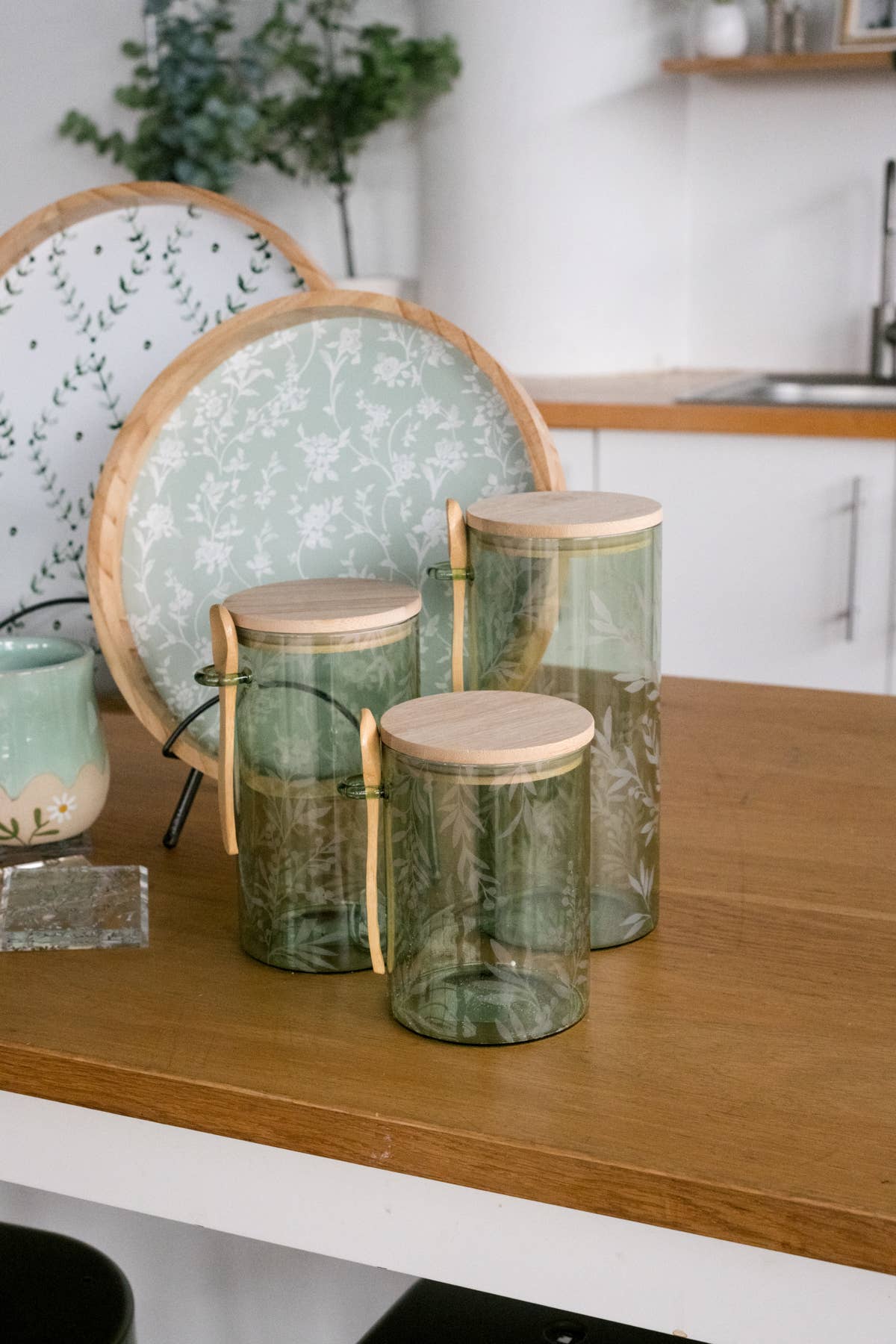 Cottage Bloom Green Glass Canisters S/3