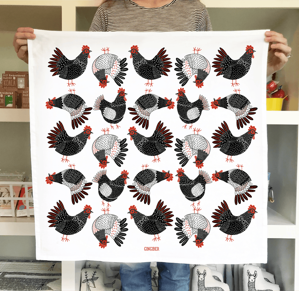 Gingiber Farmhouse Chicken Tea Towel | Artisan-Illustrated Cotton Kitchen Towel