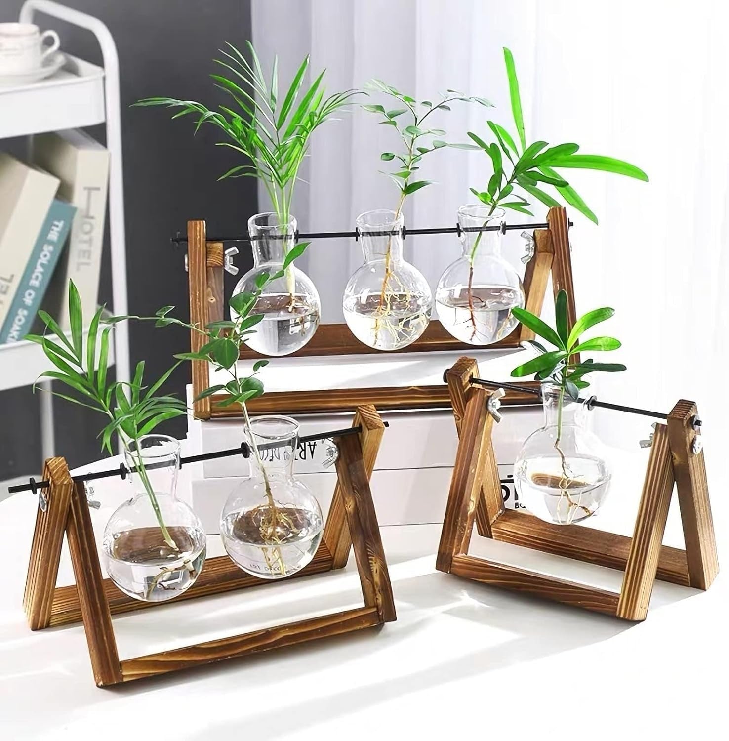 Plant Terrarium Propagation Station - 3 Glass Bulb Vases with Retro Wooden Stand Boho Desktop Planter for Hydroponics Home Garden Indoor Home Office Decor Unique Gifts for Women & Plant Lovers