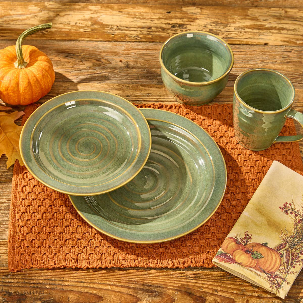 Park Designs Sinclair Caprese salad plate on an autumn table setting with orange woven placemat, mini pumpkins, fall leaves, matching bowl and mug"