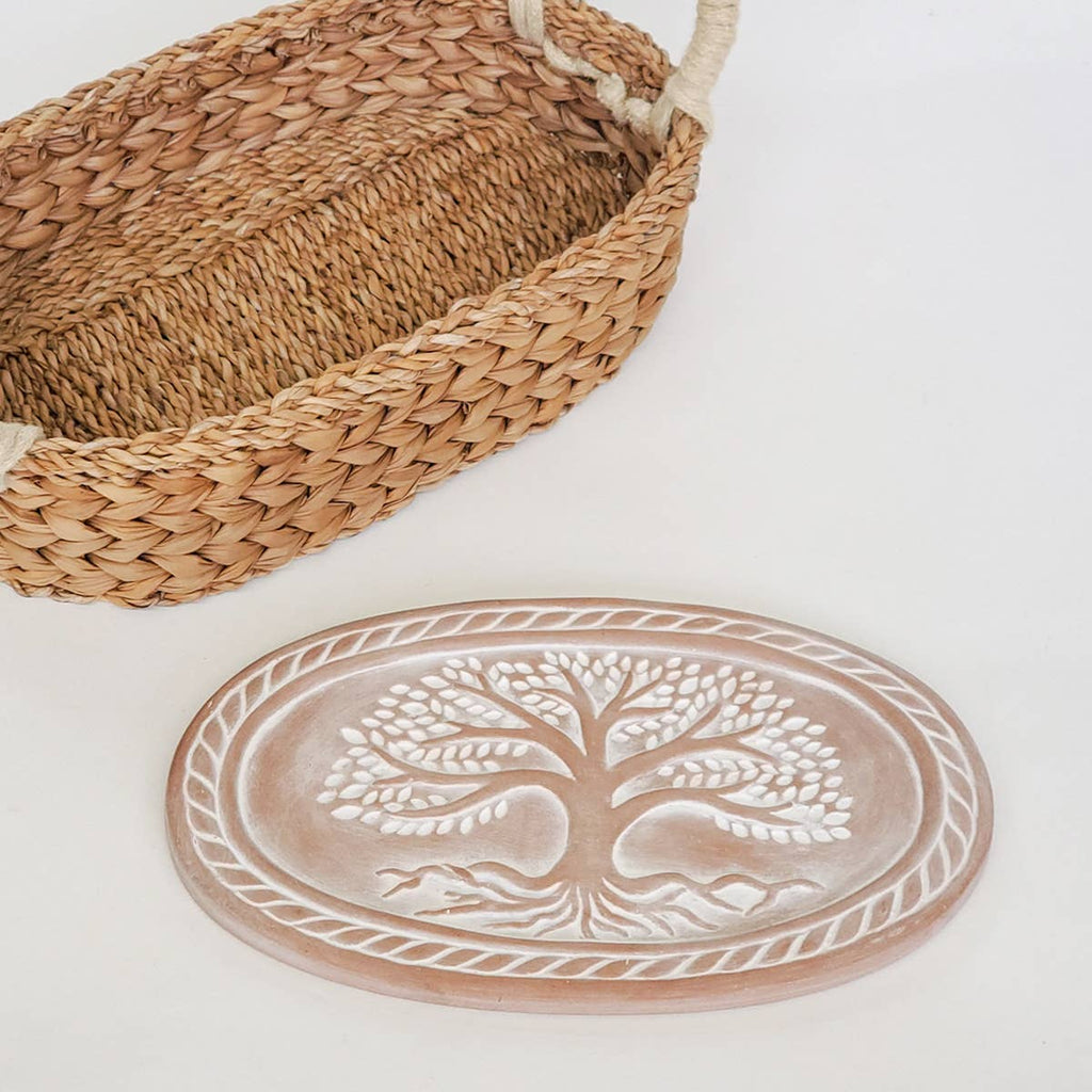 Tree of Life Oval Bread Warmer Set, Handcrafted Terracotta & Seagrass Basket