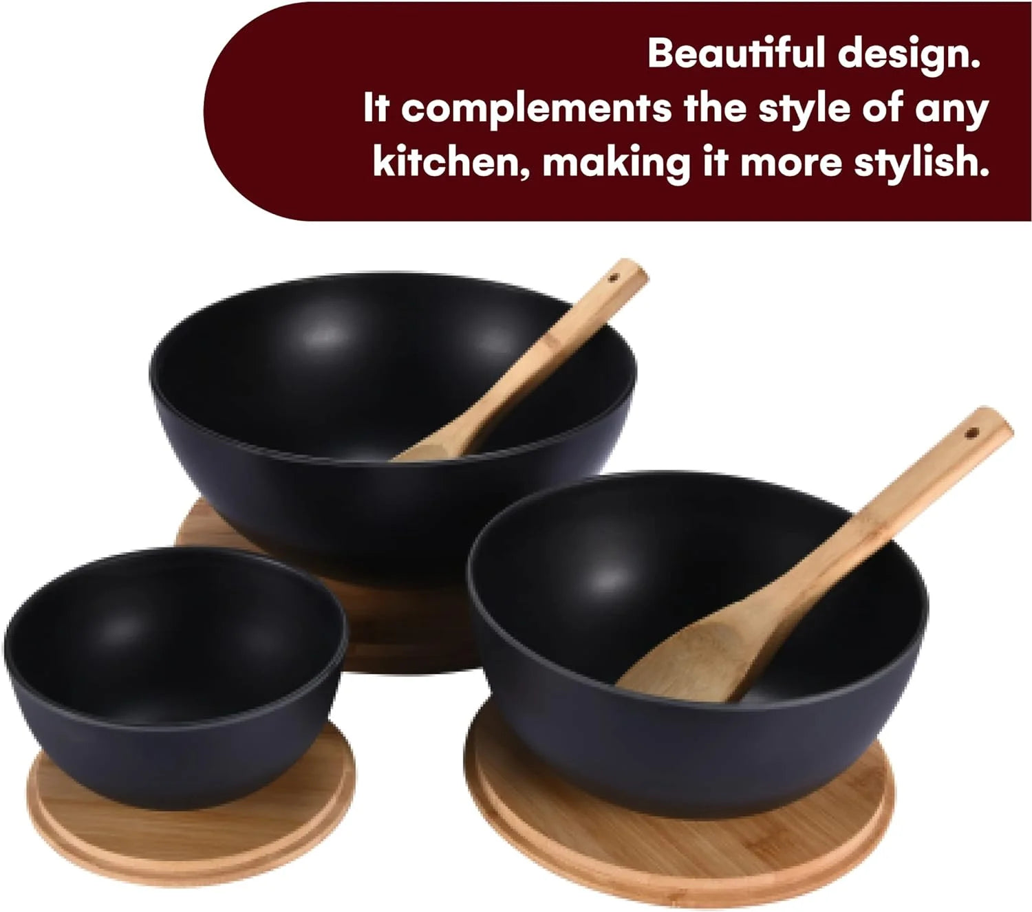 Bamboo Fiber Salad Bowl Set with Wooden Lids - Perfect for Serving, Mixing, and Prepping Fruits, Pasta, Cheese, Ramen, Bread, and More!