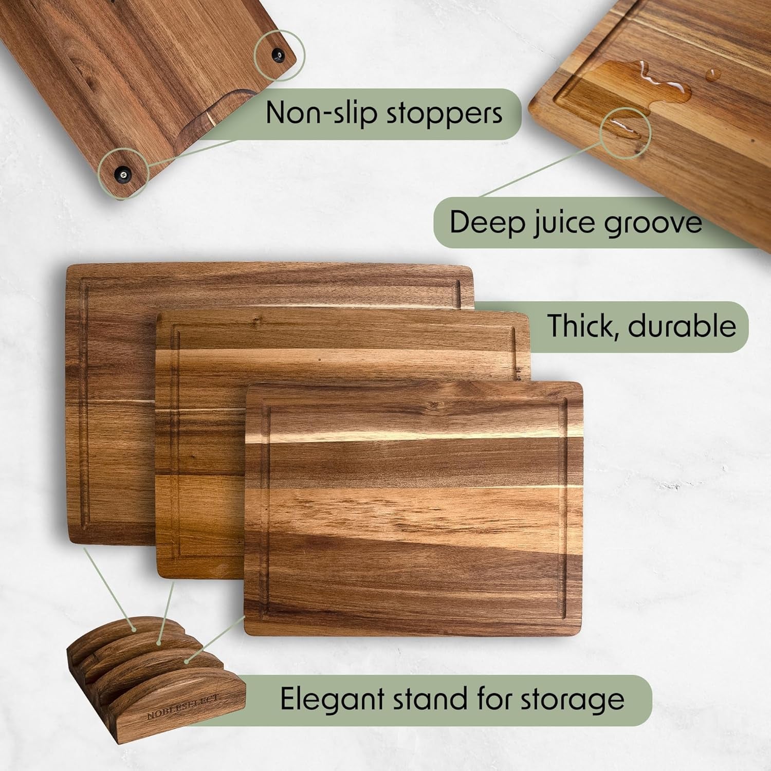 Cutting Board Set of 3 -Acacia Wood | Non-Toxic Cutting Boards with Wooden Holder, Non-Slip Silicone Pads, Deep Juice Grooves & Handles | Ideal for Meat, Veggies & Charcuterie – Elegant Kitchen Gift