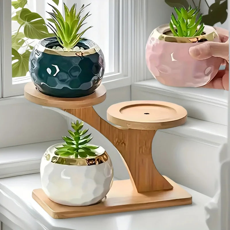 1PC Bamboo Plant Stand ,3 Tiers Indoor Succulent Windowsill Shelf - Small Tabletop Plant Holder for Home, Office, Living Room, Bedroom Decoration 1Pc