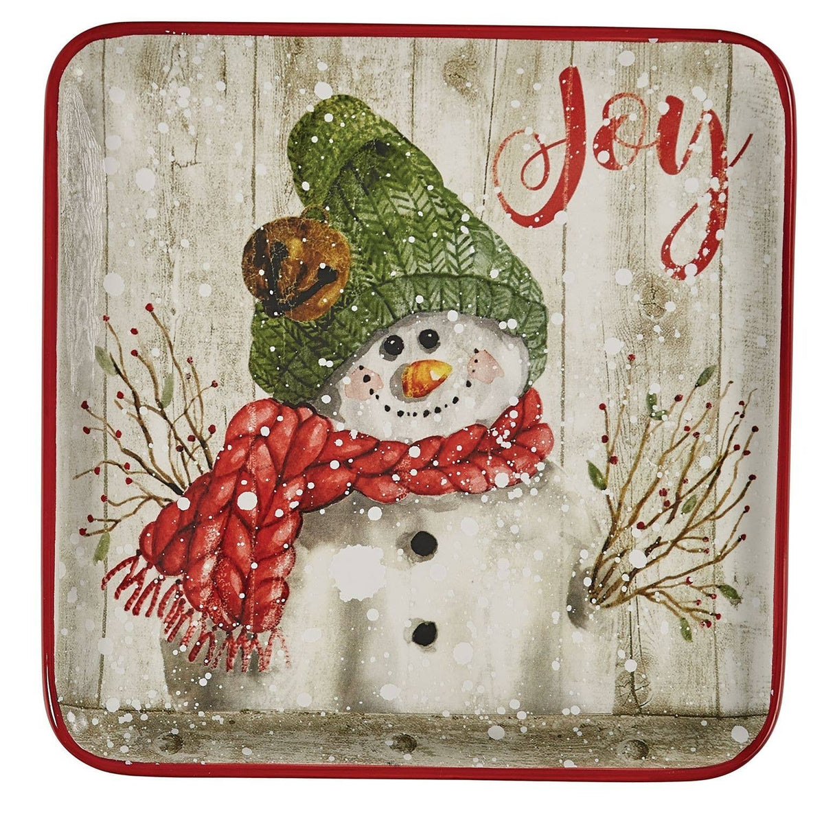 Park Designs Farmhouse Snowman square salad plate with red rim, Joy sentiment, and snowman in green knit hat and red scarf, product view"