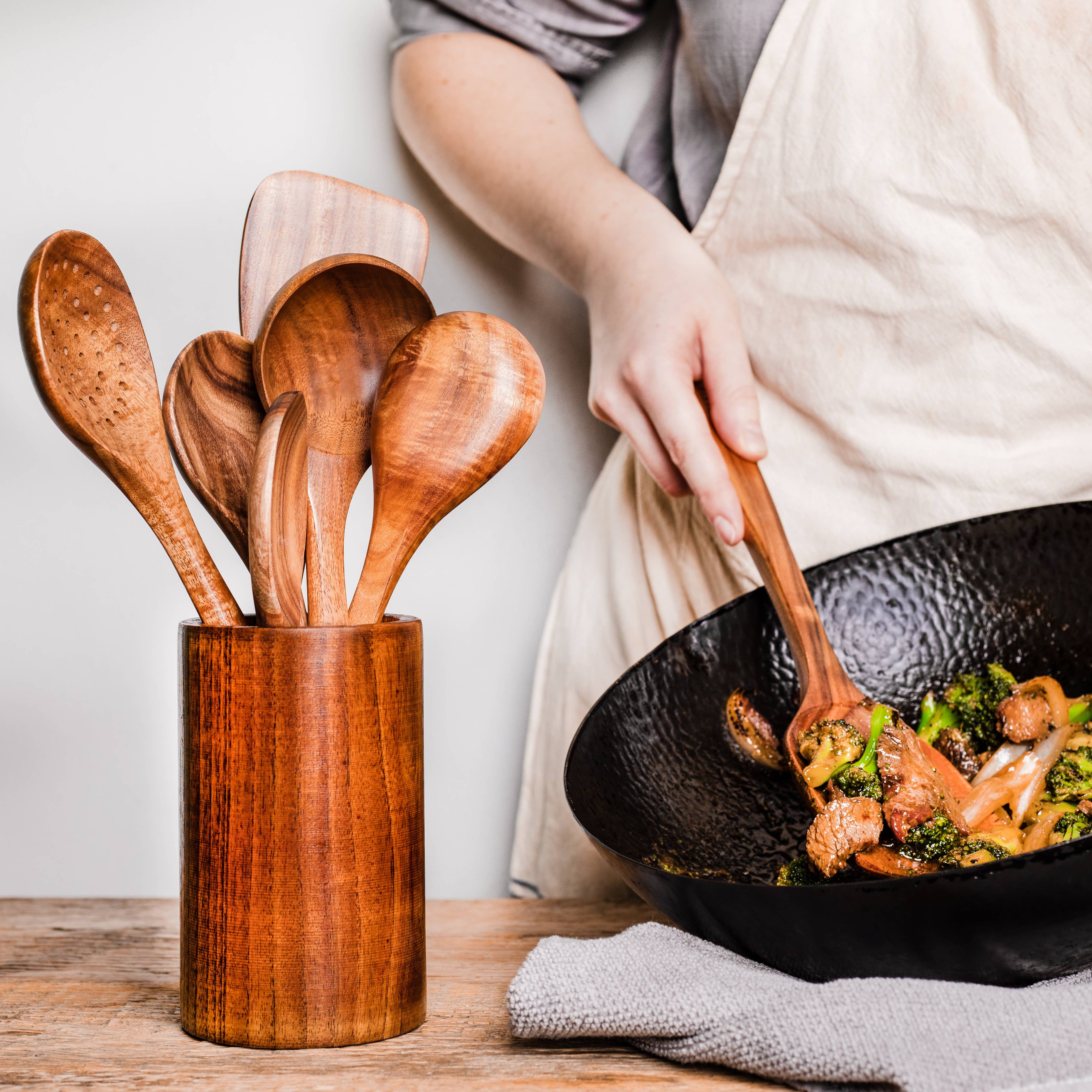 Teak Wood Handmade Kitchen Utensil Set with Holder | 7-Piece | Includes FREE Handmade Bowl Cozy