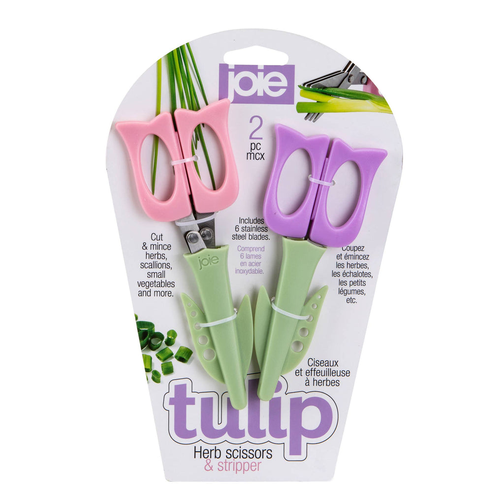 Joie Tulip Herb Scissors and Stripper 2-piece set shown in retail packaging, featuring pink and purple tulip-shaped scissors with green sheaths, 6 stainless steel blades included.