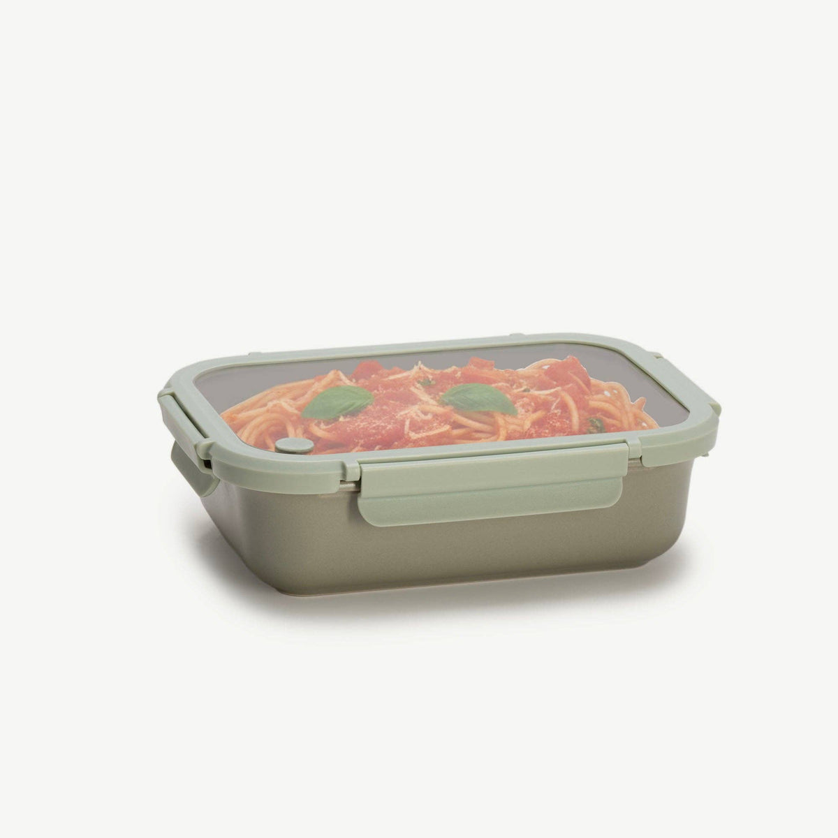 Rectangular food storage container with a lid on a white background