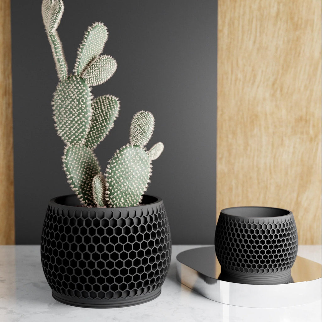 Wood Honeycomb Planter, Unique 3D Printed Plant Pot with Drainage & Saucer for Houseplants, 9 Color Options, Small to Large, 4 5 6 7 8 Inch